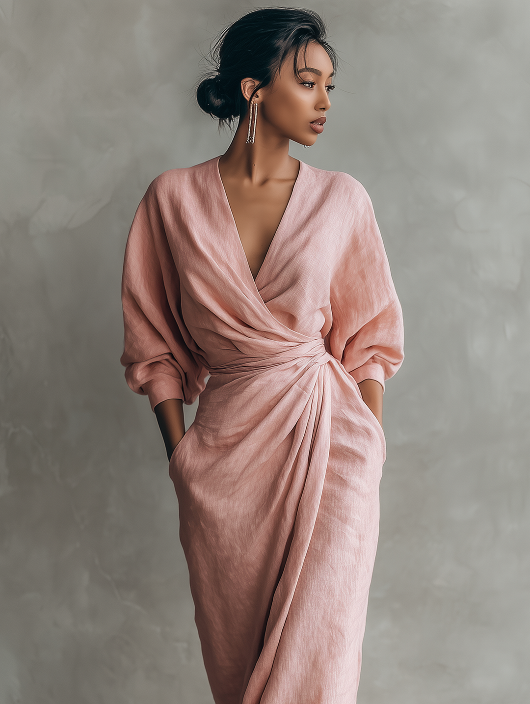 Rosa - Lniana Sukienka Maxi z Dekoltem w Serek