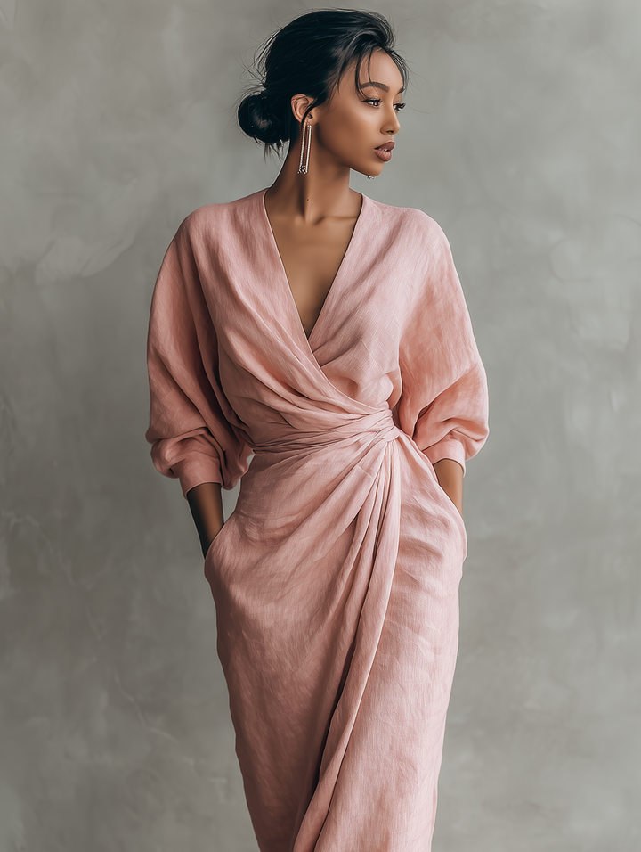 Rosa - Lniana Sukienka Maxi z Dekoltem w Serek