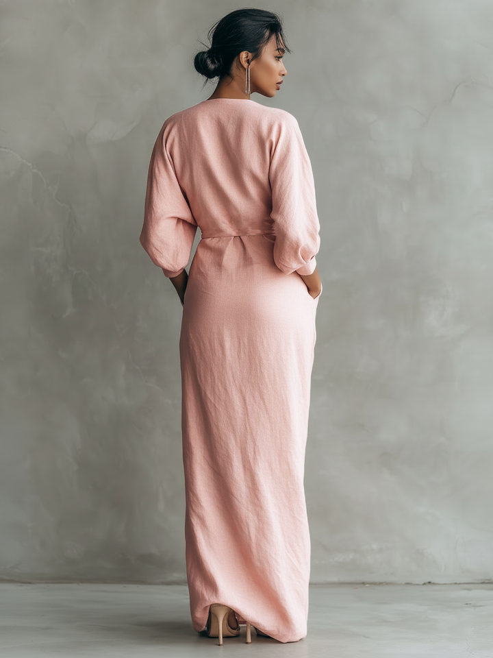 Rosa - Lniana Sukienka Maxi z Dekoltem w Serek